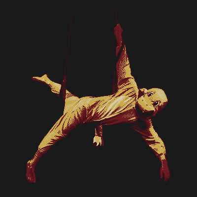 Luci in an 'angel' pose on trapeze, dressed in a Charmander onesie.