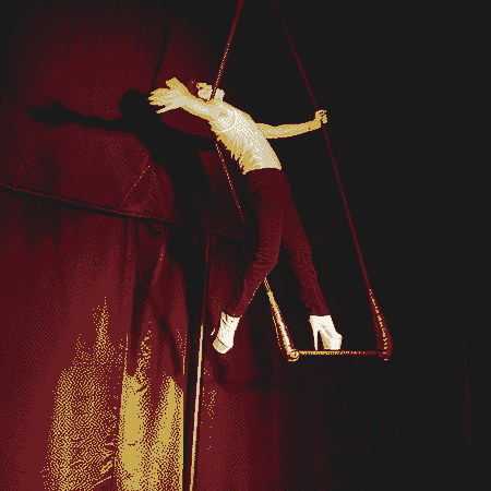 Luci standing on a trapeze bar wearing 6-inch platform heels, black jeans, and a mesh tank top.